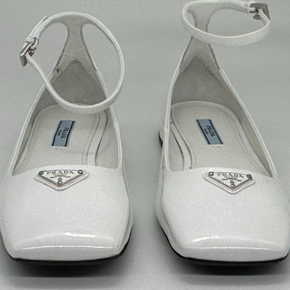 PRADA Logo Patent Leather Square Toe Ankle Strap Flat Ballerina Flat Sho… - Picture 7 of 16